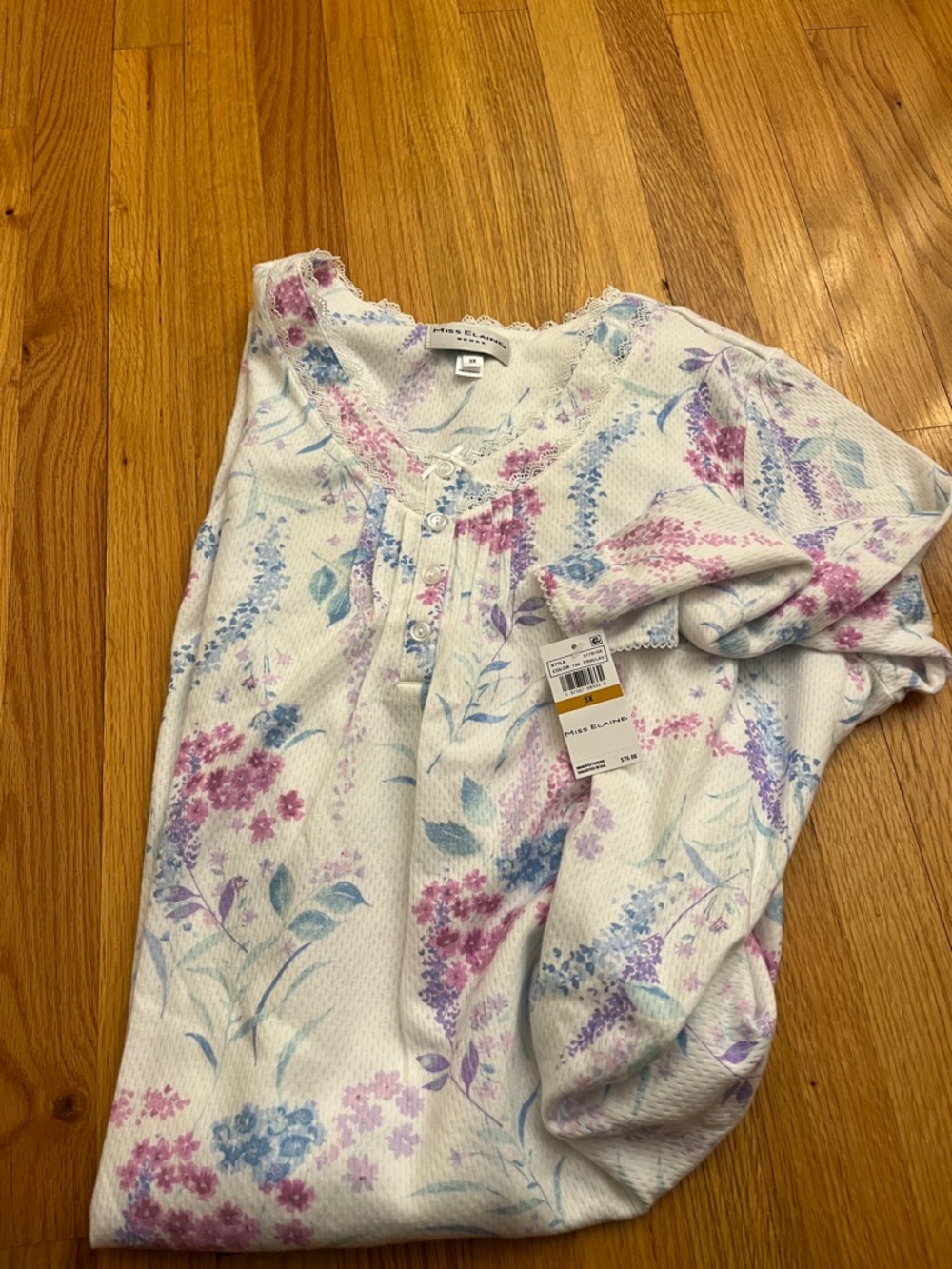 NWT Miss Elaine Floral Waffle-Knit Nightgown- White with Pink & Blue
